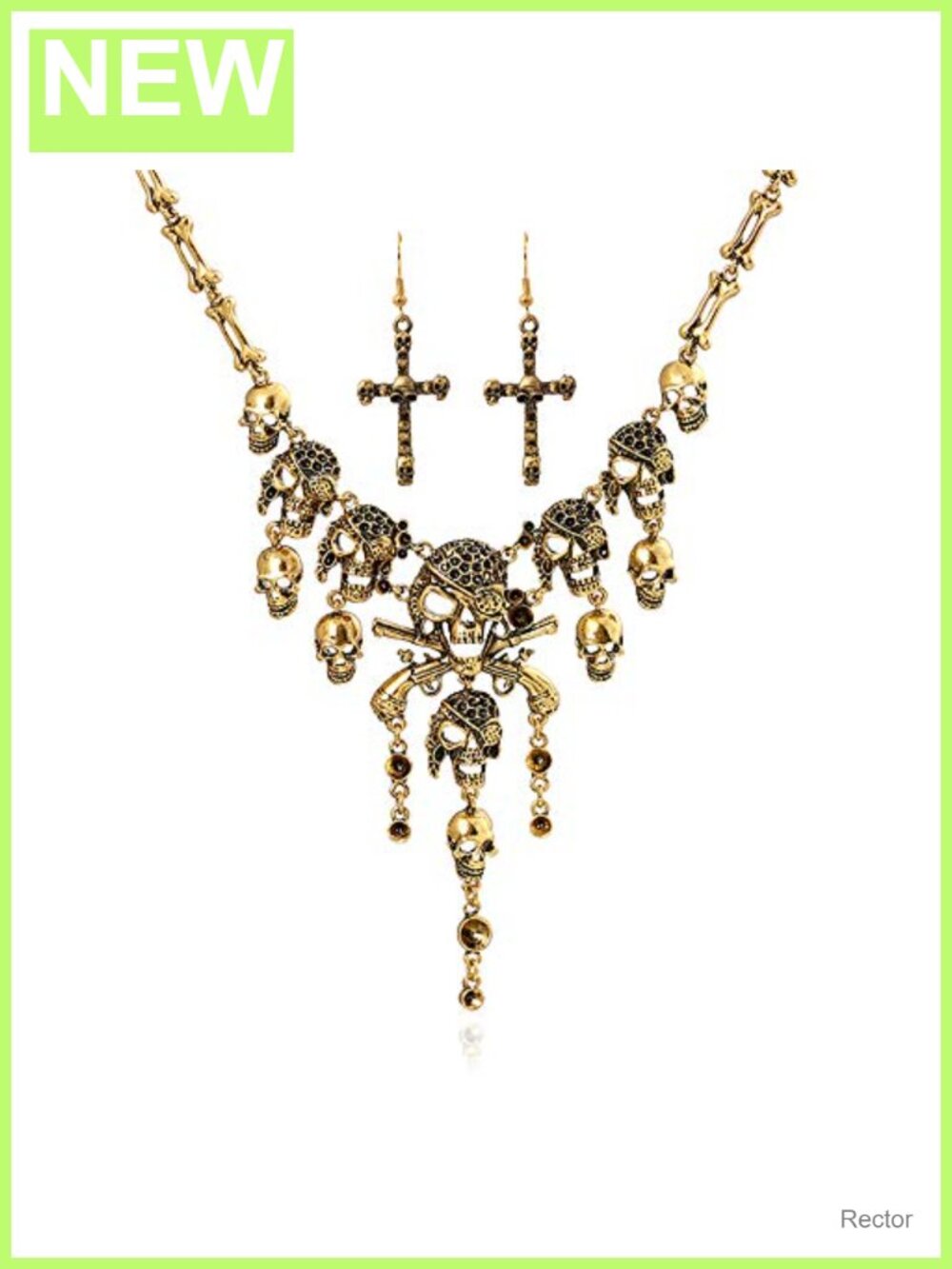 Gold Plated Skull Tassel Charm Bib Necklace & Earrings Set Punk Halloween